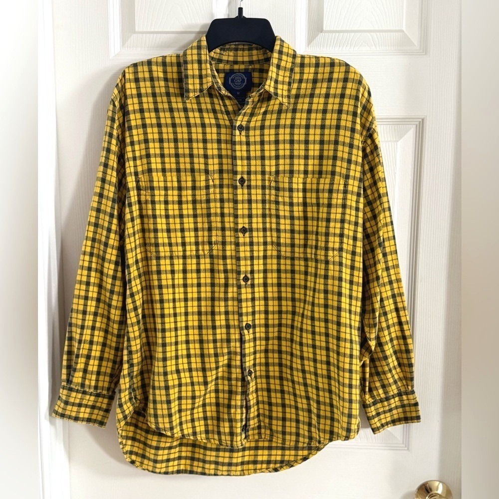 Gap Mens Flannel Button Down Shirt Yellow‎ Black Check Plaid Cotton Medium - Picture 3 of 10